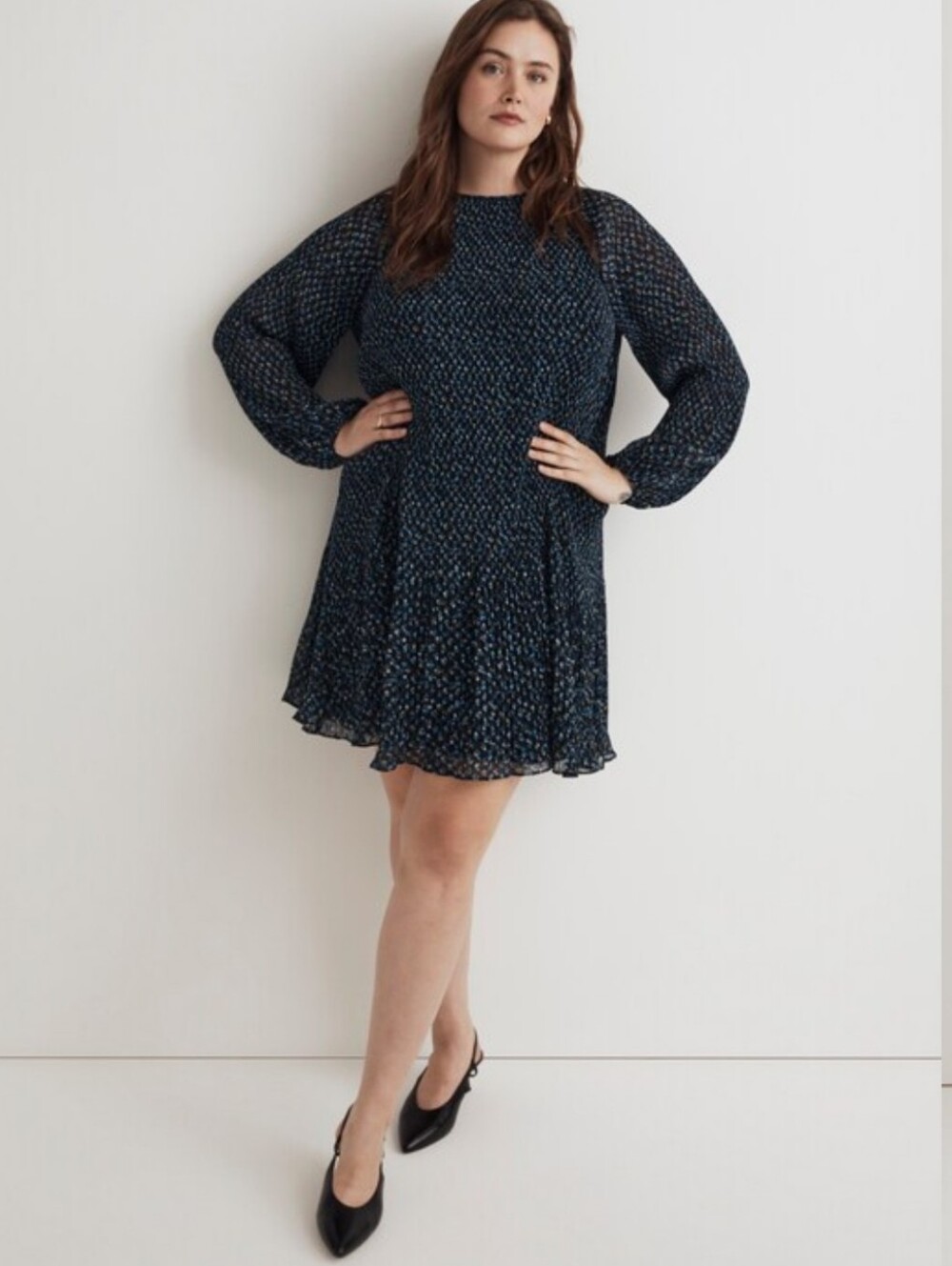 Madewell XL Crinkle Georgette Mini Navy Floral Long-Sleeve Tunic Dress